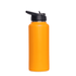 A drink bottle featuring a vibrant orange body and a black flip top lid. It includes a logo.