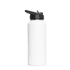 A drink bottle featuring a sleek white design and a black flip top lid. It includes a logo.