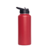 A drink bottle in vibrant red with a black flip top lid, featuring a logo. Ideal for keeping beverages hot or cold.