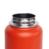 A drink bottle in bright red with a stainless steel rim and a flip top lid. Features a logo on the side.