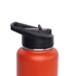 A drink bottle in vibrant orange colour with a black flip top lid and a sleek stainless steel finish.