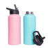 A drink bottle set featuring a pink and a light blue vacuum bottle, both with flip top lids and a logo.
