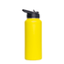 A drink bottle in bright yellow with a black flip top lid and a logo.