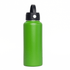 A drink bottle with a vibrant green body and a black rotating carry handle lid, featuring a logo.