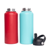 A drink bottle in red and a blue vacuum flask with a rotating carry handle lid, featuring a logo.