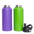 A drink bottle set featuring a purple and a green 1L vacuum flask, with a rotating carry handle lid.