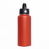 A drink bottle in a matte orange finish with a black lid and a rotating carry handle. It features a logo.