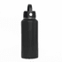 A drink bottle in black, featuring a rotating carry handle lid and a logo on the front.