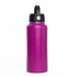 A drink bottle in a bright pink hue with a black rotating carry handle lid. It has a logo on the side.