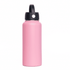 A drink bottle featuring a sleek pink design with a black rotating carry handle lid. It includes a logo.