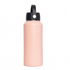 A drink bottle with a matte pink finish and a black rotating carry handle lid. It features a logo on the lid.