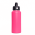 A drink bottle in vibrant pink with a black rotating carry handle lid and a branding logo.