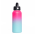 A drink bottle in gradient pink and blue, featuring a black rotating carry handle lid and a logo.