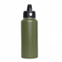 A drink bottle in olive green with a black rotating carry handle lid and a logo.