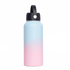 A drink bottle in a gradient of light blue and pink, featuring a black rotating carry handle lid and a logo.
