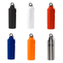 A drink bottle collection featuring black, white, orange, red, blue, and stainless steel designs, with a clip on the lid.