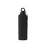 A drink bottle in black with a sleek design and a loop for attachment. Features a branding logo.