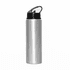 A drink bottle made of aluminium, featuring a silver finish and a black straw lid. It includes a logo.
