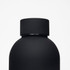 A drink bottle in matte black with a rounded body and a black screw-on lid. It features a logo on the side.