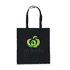 A black tote bag featuring a green logo and dual handles. Simple and functional design.