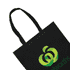 A black tote bag featuring a logo in green, showing the bag's handles and main panel.
