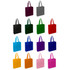 A collection of tote bags in various colours, including grey, black, green, red, blue, purple, yellow, orange, and pink, with straps.