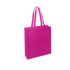 A bright pink tote bag with two handles and a simple design, featuring a logo on one side.