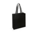 A black tote bag with long handles and a simple design, featuring a logo on one side.