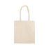 A beige tote bag with long handles and a simple design, featuring a logo on the side.