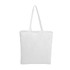 A white calico tote bag with long handles, featuring a simple design and an empty interior.
