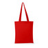 A red canvas tote bag featuring two long handles and a simple design. It has a logo on one side.