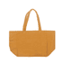 A mustard yellow canvas tote bag with two handles and a side pocket, featuring a logo.