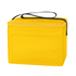 A yellow nylon cooler bag with a zipper and a black handle, featuring a side pocket.
