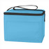 A blue nylon cooler bag with a zip closure and a carrying handle. It features a front pocket and has a simple design.