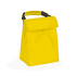 A yellow cooler bag with a black grip handle, featuring a fold-over top for secure closure.