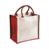 A medium jute supermarket tote in red and natural colours, featuring two handles and a logo.