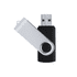 A black and silver USB flash drive with a swivel design and a metallic button. Features a logo on one side.