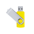 A yellow and silver USB flash drive with a swivel design and a circular button. It has a branding logo on the side.