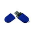 A blue USB flash drive with a removable cap, featuring a sleek design and a logo on its surface.