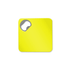 A drink bottle opener in bright yellow with a square shape and a metal opening mechanism. Features a logo.