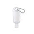 A clear hand sanitiser bottle with a silver carabiner, featuring a screw-on cap and a simple design.