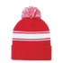 A red beanie hat with a white stripe and a pom pom on top, featuring a logo.