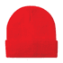 Acrylic rollup beanie hat in bright red, featuring a fold-over cuff and a label.