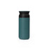 A drink bottle with a teal body and a black lid, featuring a logo on the side.