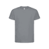 A grey kids' T-shirt with a classic crew neck and short sleeves, featuring a logo on the label.