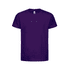 A purple kids' t-shirt with short sleeves and a regular fit, featuring a visible logo on the label.
