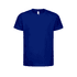 A navy blue kids' t-shirt with short sleeves and a crew neckline. It features a logo on the label.