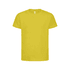 A bright yellow kids' t-shirt with a standard short sleeve design and a logo on the label.