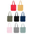 A collection of colourful canvas tote bags in red, yellow, green, black, navy, pink, grey, and mint, each with handles and a logo.