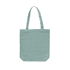 A light teal tote bag with two handles and a plain design, featuring a small logo.